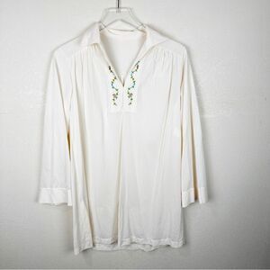 Vintage 70s Polyester Floral Ivory Blouse Flower Child Hippie Top Blouse